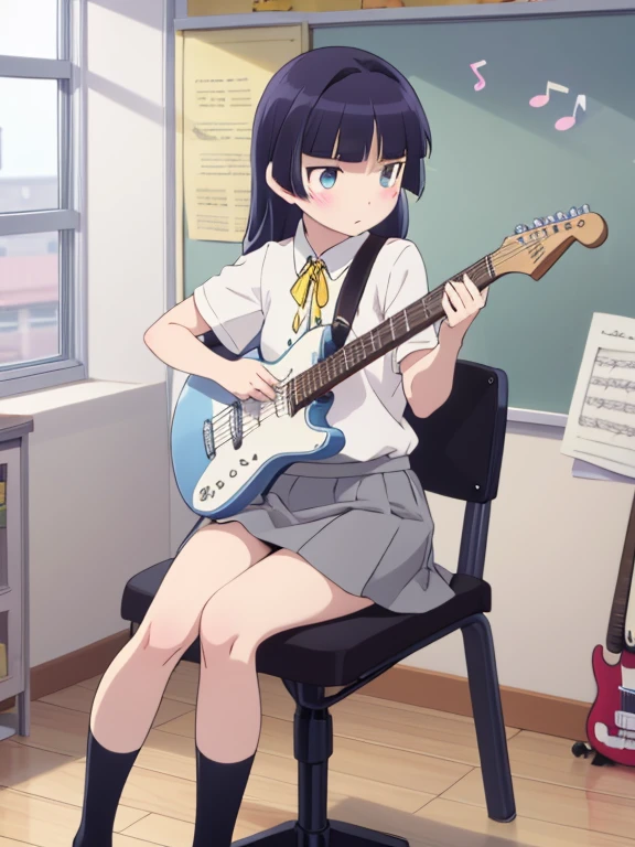 highest quality, Very detailed, figure,
School, music room, Brass band、Chair、musical instrument, Electric guitar,
(gokou ruri), One girl, alone, Black socks, Short sleeve,  Grey Skirt, Medium skirt, Box Pleat Skirt, Hime cut, tuck in, Collared shirt, Yellow ribbon, blue eyes, plain attire
 