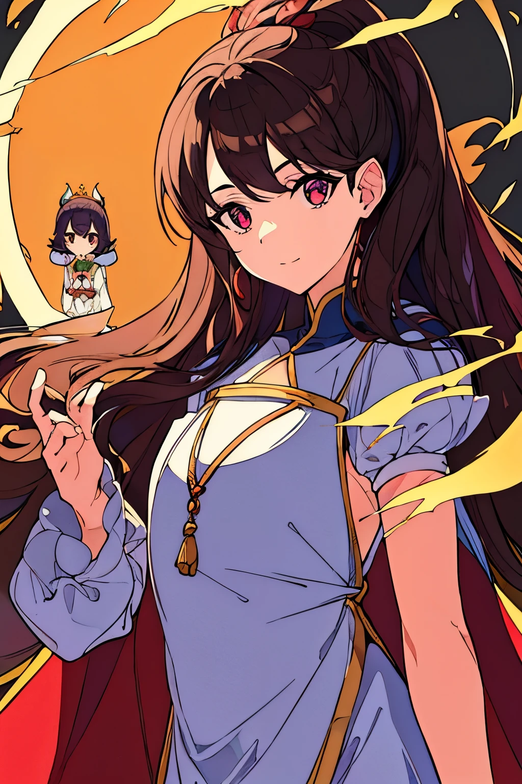 crea dos personjes femeninos de demon Slayer que sean lunas superiores, que la primera sea piel morena, straight brown hair, con tres ojos negros con la pupila blanca y rayas rojas y que la segunda sea blanca, pelo rizado y negro, ojos verdes oscuros, con garras y marcas en el rostro