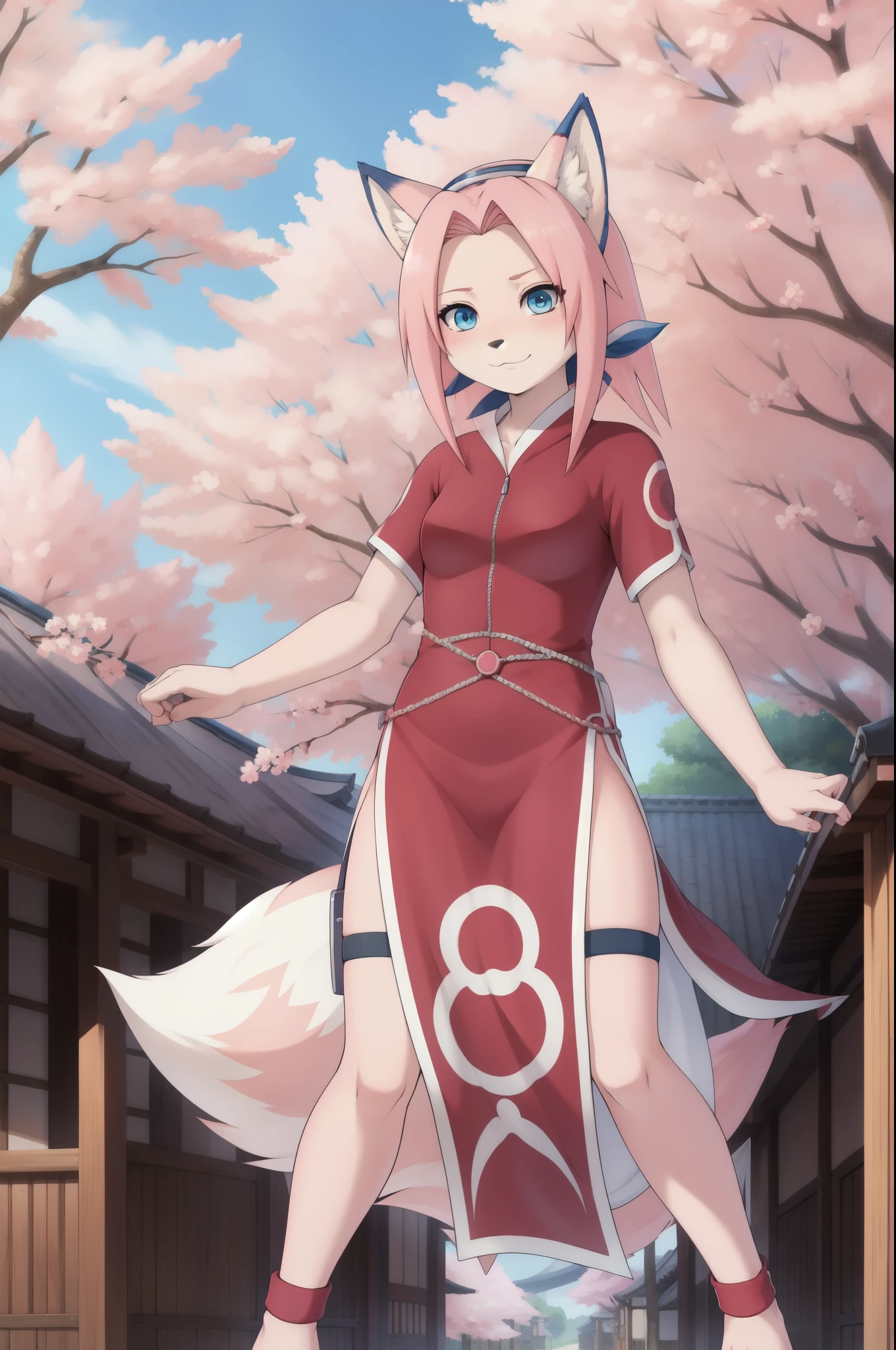 Furry girl, Sakura Haruno, fox, narrowed eyes, clear pink body fur, blue eyes, pink hair, small breasts, ((Sakura Haruno outfit)), detailed body fur, detailed face, detailed eyes, glistering body, shiny body, gorgeous body, masterpiece, full body, feets with three toes, 3 toes, japanese village, clear sky, full body, :3, skinny,