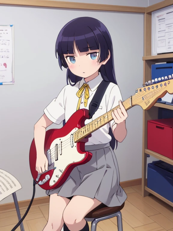 highest quality, Very detailed, figure,
School, music room, Brass band、Chair、musical instrument, Electric guitar,
(gokou ruri), One girl, alone, Black socks, Short sleeve, Grey Skirt, Medium skirt, Box Pleat Skirt, Hime cut, tuck in, Collared shirt, Yellow ribbon, blue eyes, plain attire