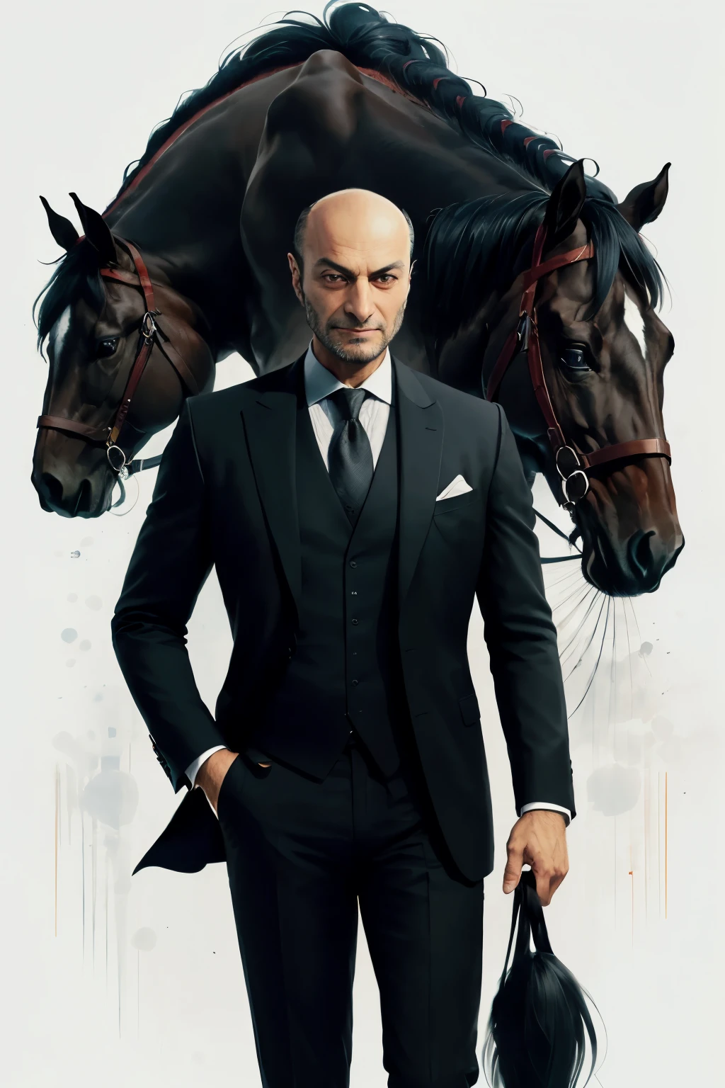 Concept art of a black pen drawing: A captivating portrait of Dr. Ali Shariati, a man of authority and sophistication, dressed in a well-tailored suit. He is standing in a wild and untamed scene, surrounded by the raw power of nature. In the foreground, a majestic horse, its mane and tail shaking in the wind, rears up on its hind legs, ready to challenge the man. Dr. Shariati, with a determined expression on his face and a calm demeanor, extends his hand towards the horse, signaling his dominance and control over the beast. The intricate details and powerful lines of the black pen drawing highlight the stark contrast between the man and