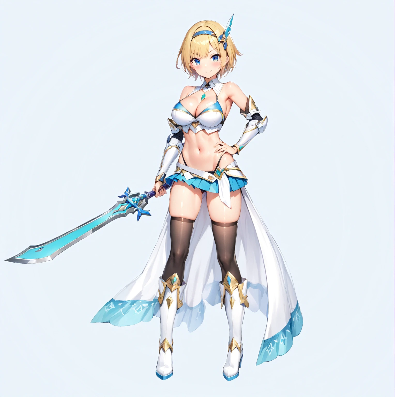 (masutepiece, Best Quality), 1girl, solo, weapon, breasts, blonde-hair, navel, sword, hand-on-hip, thighhighs, full-body, blue-eyes, short-hair, skirt, holding-weapon, smile, black-thighhighs, cleavage, holding, looking-at-viewer, large-breasts, holding-sword, hairband, white-footwear, boots, midriff, bare-shoulders, standing, ass-visible-through-thighs, blue, skirt, detached-sleeves, pleated-skirt, knee-boots, hair-ornament, detached-collar, blush, miniskirt, bangs, shiny-skin, highleg, gem, swimsuit, simple-background, shiny, bikini, closed-mouth, armor, crop-top, stomach