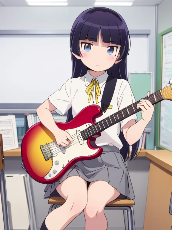highest quality, Very detailed, figure,
School, music room, Brass band、Chair、musical instrument, Electric guitar,
(gokou ruri), One girl, alone, Black socks, Short sleeve, Grey Skirt, Medium skirt, Box Pleat Skirt, Hime cut, tuck in, Collared shirt, Yellow ribbon, blue eyes, plain attire