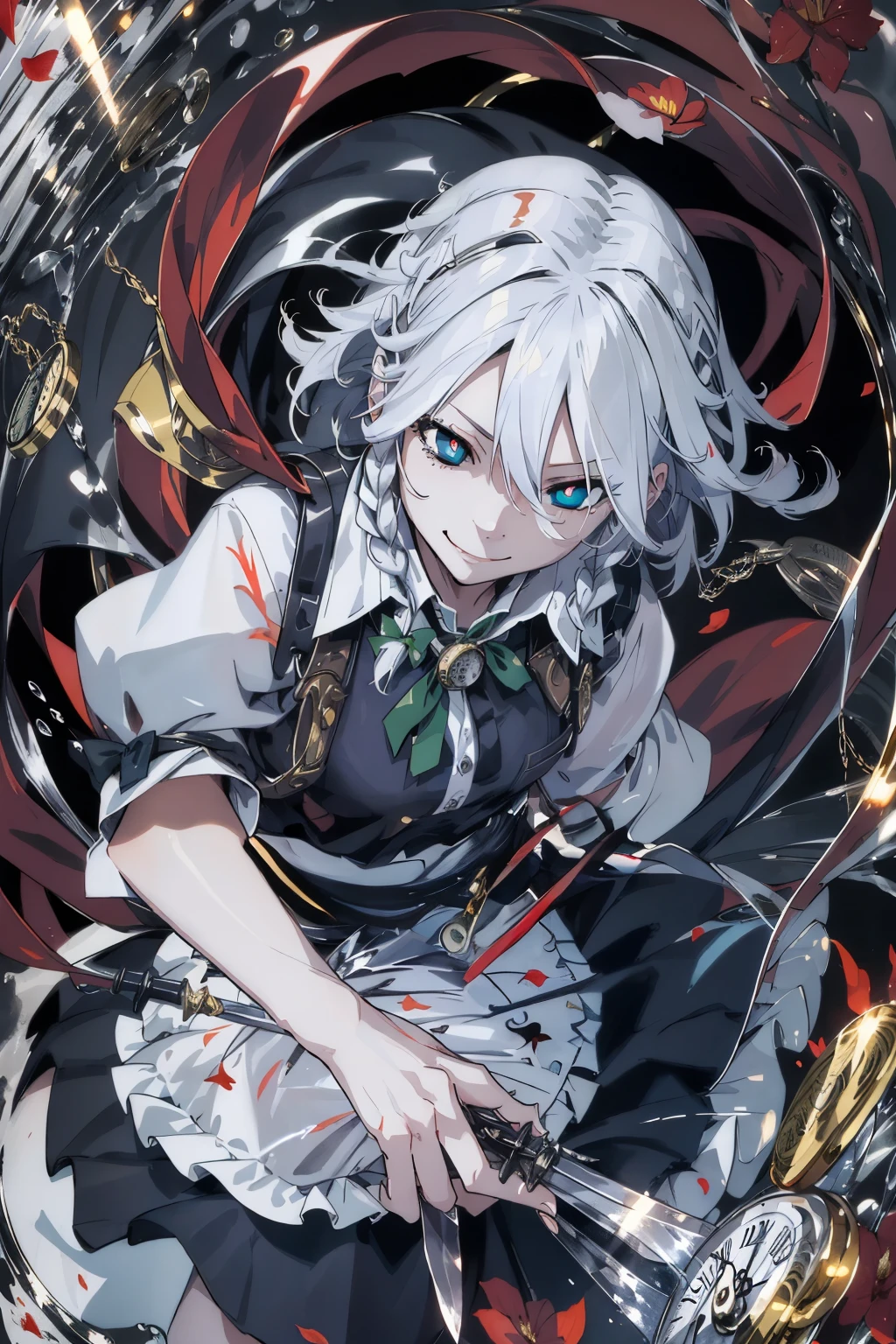 masterpiece, best quality, illustration, 1girl, solo, Izayoi Sakuya, (white short hair), maid headband, sharp eyes, (vivid color), light, thick smoke:1.6, (floating white ink:1.8), Cyan flame, (beautiful and clear background:1.25), (depth of field:0.7), Dreamlike, (highres:1.2), (ultra-detailed:1.2), (extremely detailed CG unity 8k wallpaper:1.2), (traditional media), (sketch:1.1), finely detailed beautiful eyes and detailed face, Knives, (flying petals:1.2), (evil smile:1.5), (empty eyes, simple eyes, glowing red pupils:1.5), (knives in right hand and pocket watch in left hand:1.3), Knifefight, dynamic colors, colorful, dynamic pose, dynamic angle, (from above:1.5), Touhou, knife, holding Knives, izayoi sakuya, medium breasts, (detailed eyes), cute, beauty, HDR, 4K, nier anime style, harmony, fighting stance, izayoi sakuya