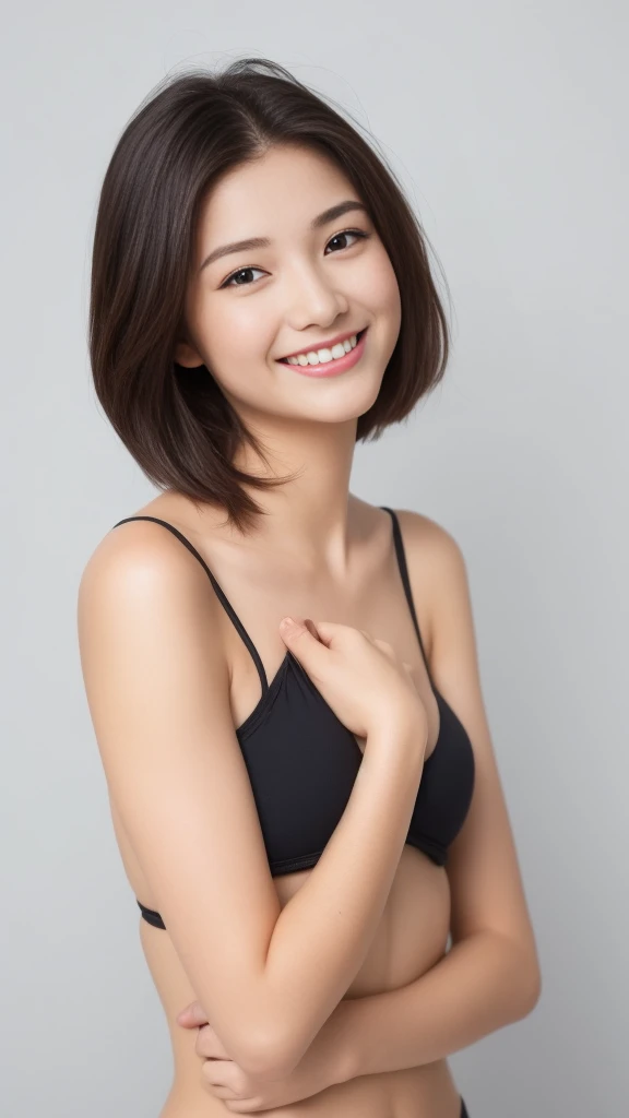 Beautiful woman、1 person for Japan、Very sexy body、Big breasts looking straight into the camera、Sexy look、Squeeze your chest between your arms to create cleavage、Put your chest together、Coquettish smilee、Happy smilee、A slight smile、smile、Skin Radiance、Big eyes、Eye highlights、Clear double eyelids、Eyelashes、Long neck、Beautiful Short Hair、Shiny black hair、Bans、Pure white background、No background、Listen carefully、Beautiful skin quality、Oil for skin、Glitter on skin、Lotion to apply to skin、Off-the-shoulder swimsuit、Clean your navel、Beautiful ribs、Looking into the box from above