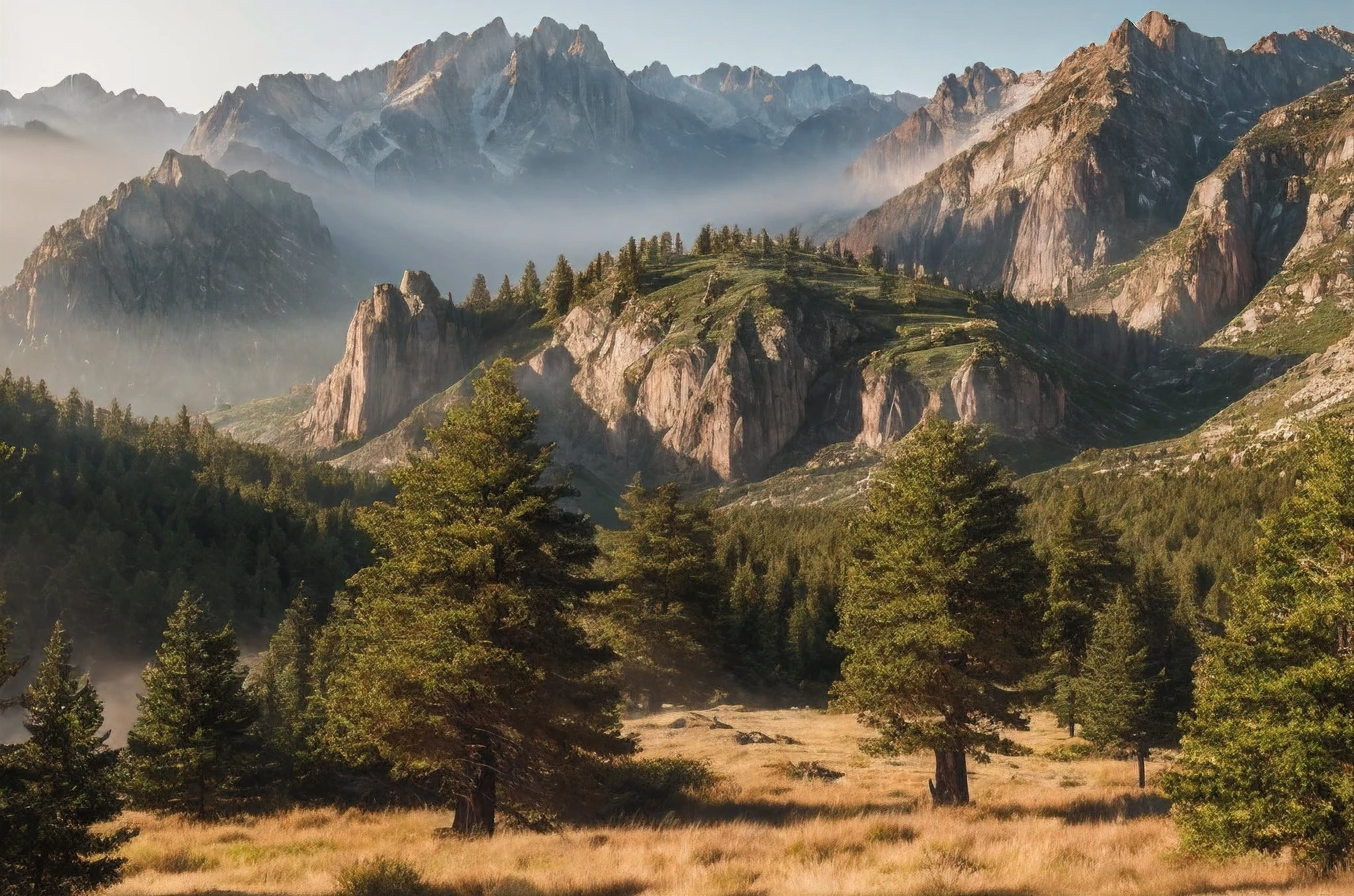 Create a rugged landscape of valleys and mountains., Shrouded in thick fog, Less sunlight, Has twisted trees and thick trunks, The undergrowth resembles grass and grass, In a hyperrealistic landscape, In photorealistic colors, 4k, Cinema lighting, natural light, attention to detail, photorealistic, photorealisticistic, volumetric lighting and shading, 4k HD matte digital painting, Stunning 8K images