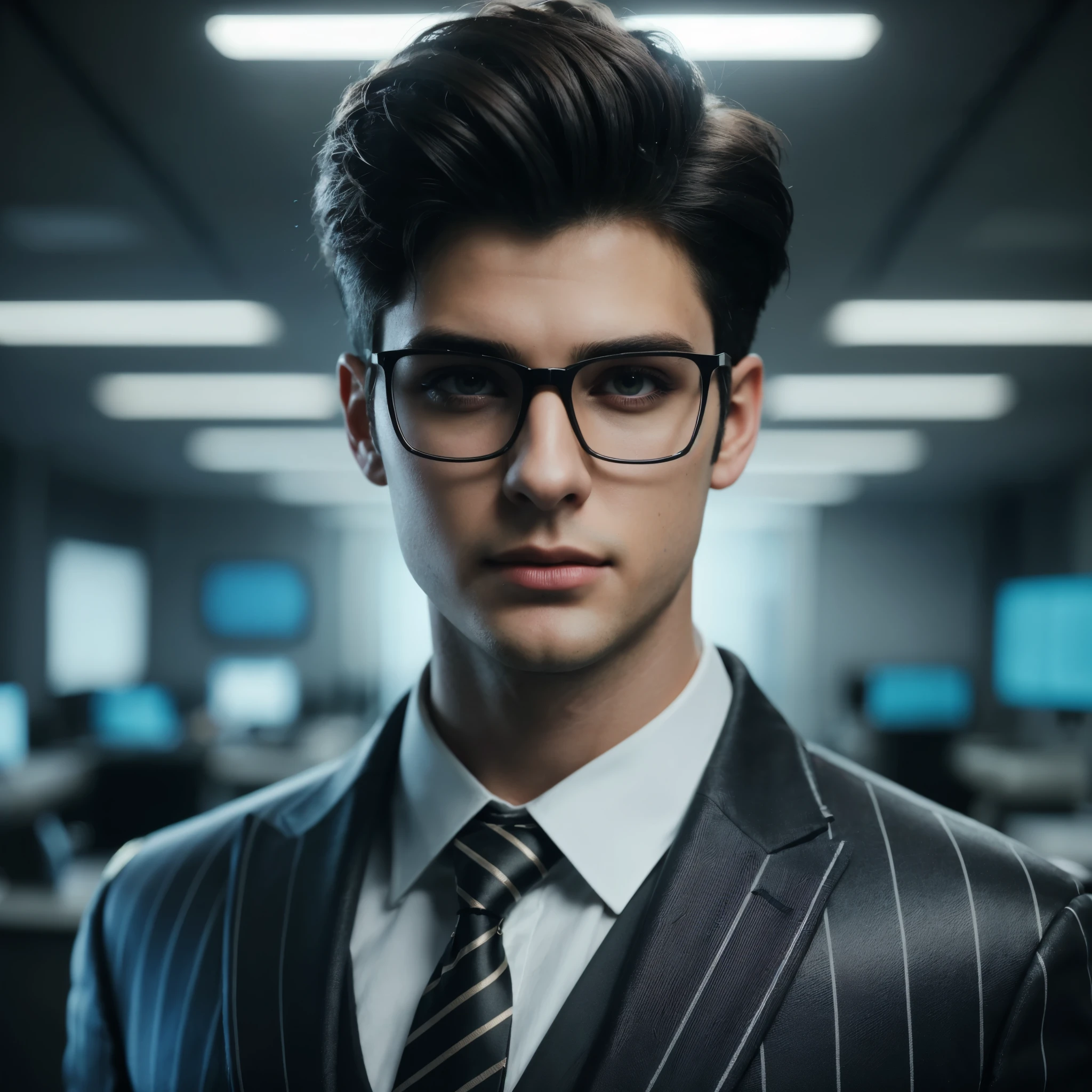 A photorealistic handsome 23-year-old man with extraordinary appearance, trendy short black hair, wearing a luxurious business suit, professional makeup, well-highlighted face, resembling a Hollywood actress, hacker office room background with strange lighting, resembles photo Sony 7000D, dramatic lighting, high definition, depth of field