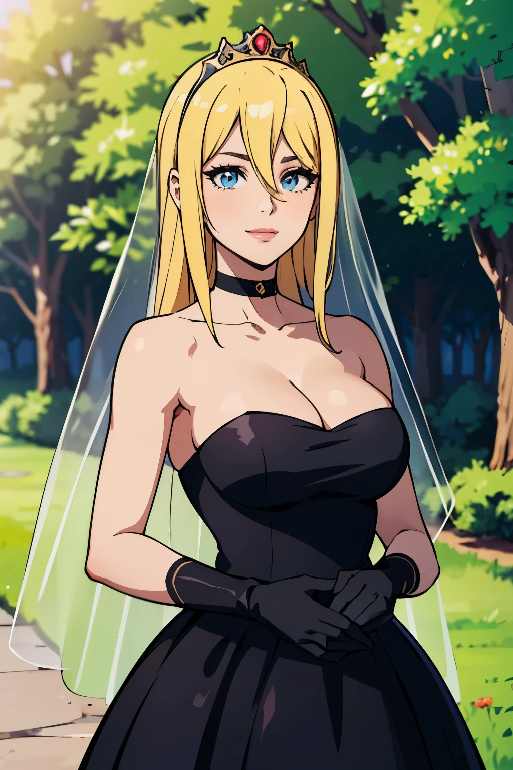 Samus Aran, hair between eyes, ahoge, blonde hair, star \(symbol\), hair ornament, ruffled tulle dress, cleavage, bare shoulders, collarbone, long black elbow gloves, black gloves, black dress, black choker, strapless, tiara, veil, strapless dress, princess dress, veil, beautiful woman, perfect body, perfect breasts, wearing a princess dress, ball gown, in the park trees, wedding decorations, a warm smile, realism, masterpiece, textured skin, super detail, high detail, high quality, best quality, 1080p, 16k