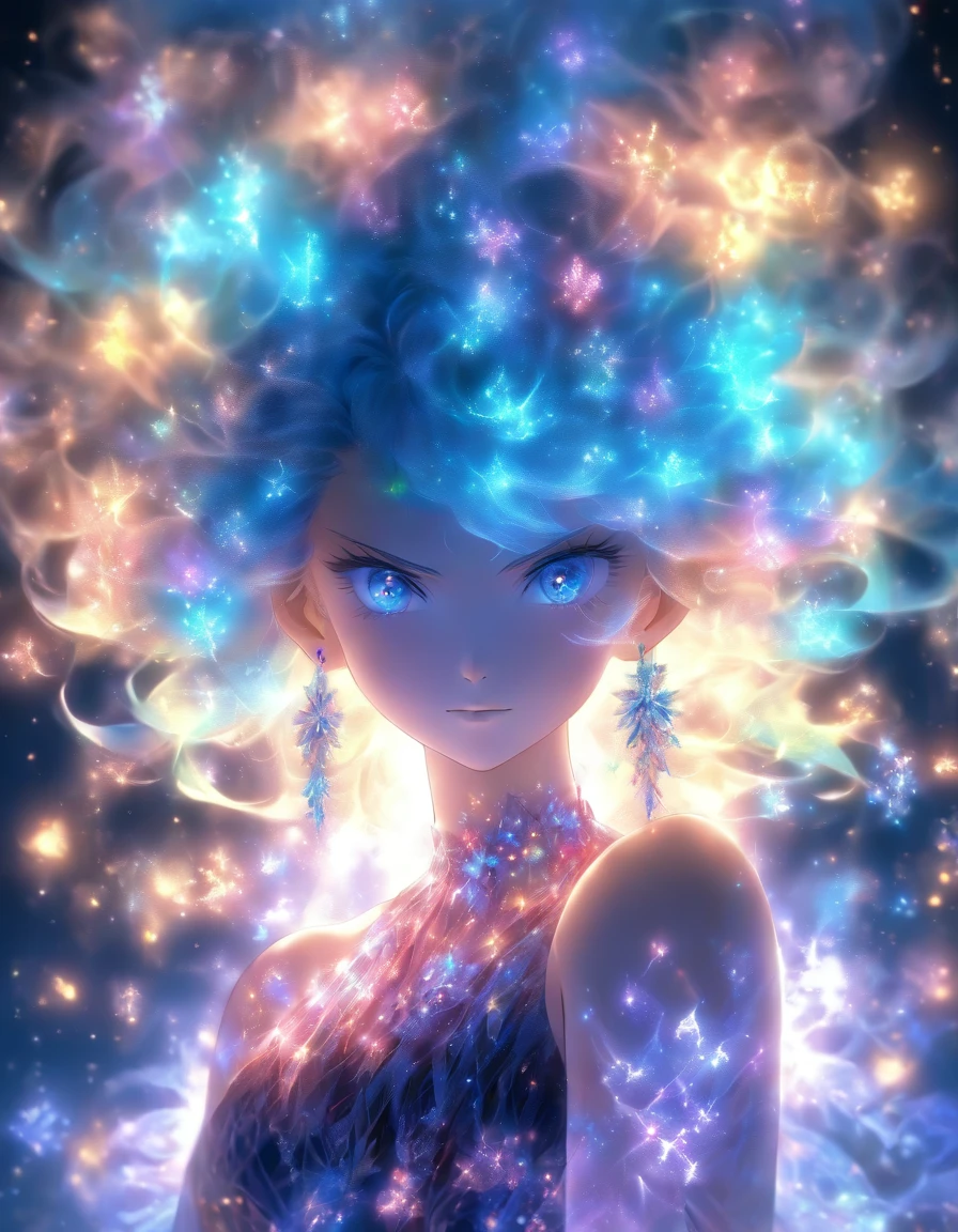 1 girl,One,dress,long hair,light particles,shine,Backlight,Black background,Whole body,bare shoulders,blue hair,very long hair,standing,masterpiece,Best quality,ultra high resolution,(I look at the viewer:1.5),(fractal art:1.2),Gauze skirt,.masterpiece, top quality, Best quality, official art, beautiful and aesthetically pleasing:1.2), (1 girl, mature:1.3, got old:1.3), Extremely detailed,(fractal art:1.1),(colorful:1.4)(flowers:1.3),The most detailed,(zentangle:1.2), (dynamic pose), (abstract background:1.3), (shiny skin), (many colors:1.4),(earrings:1.4), Long hair