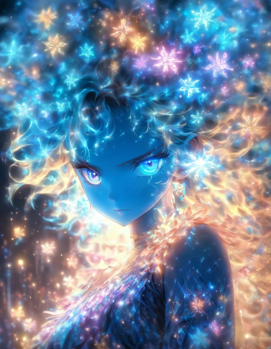 1 girl,One,dress,long hair,light particles,shine,Backlight,Black background,Whole body,bare shoulders,blue hair,very long hair,standing,masterpiece,Best quality,ultra high resolution,(I look at the viewer:1.5),(fractal art:1.2),Gauze skirt,.masterpiece, top quality, Best quality, official art, beautiful and aesthetically pleasing:1.2), (1 girl, mature:1.3, got old:1.3), Extremely detailed,(fractal art:1.1),(colorful:1.4)(flowers:1.3),The most detailed,(zentangle:1.2), (dynamic pose), (abstract background:1.3), (shiny skin), (many colors:1.4),(earrings:1.4), Long hair