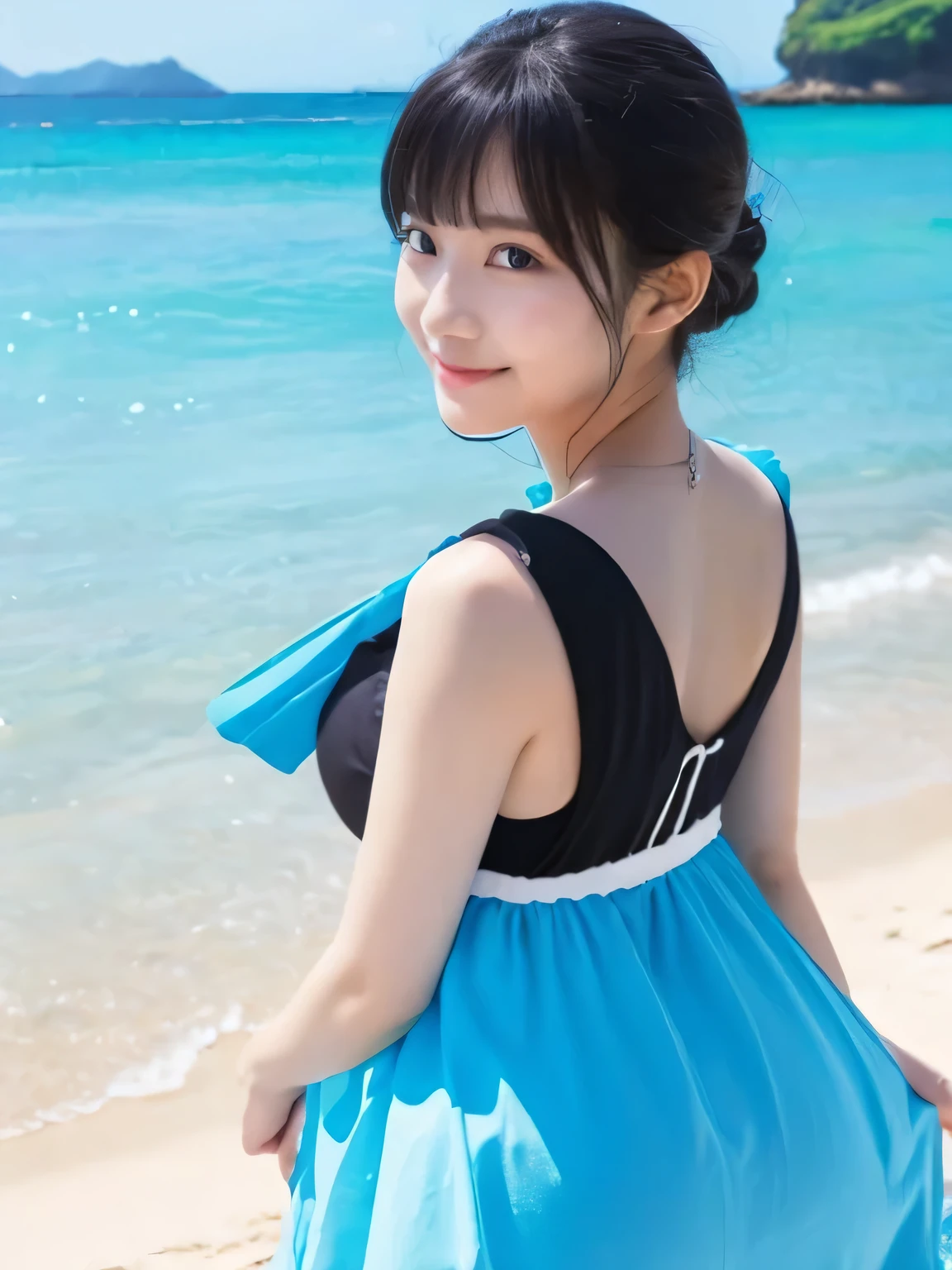 gravure、front、beautiful girl、one piece、white、Beach、Parasol、blue sea、sun、Asia、10th Generation、Black Hair