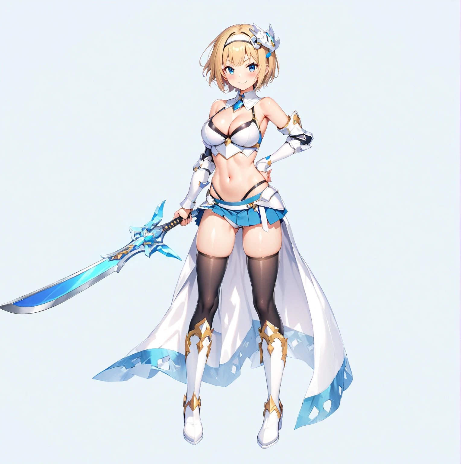 (masutepiece, Best Quality), 1girl, solo, weapon, breasts, blonde-hair, navel, sword, hand-on-hip, thighhighs, full-body, blue-eyes, short-hair, skirt, holding-weapon, smile, black-thighhighs, cleavage, holding, looking-at-viewer, large-breasts, holding-sword, hairband, white-footwear, boots, midriff, bare-shoulders, standing, ass-visible-through-thighs, blue, skirt, detached-sleeves, pleated-skirt, knee-boots, hair-ornament, detached-collar, blush, miniskirt, bangs, shiny-skin, highleg, gem, swimsuit, simple-background, shiny, bikini, closed-mouth, armor, crop-top, stomach