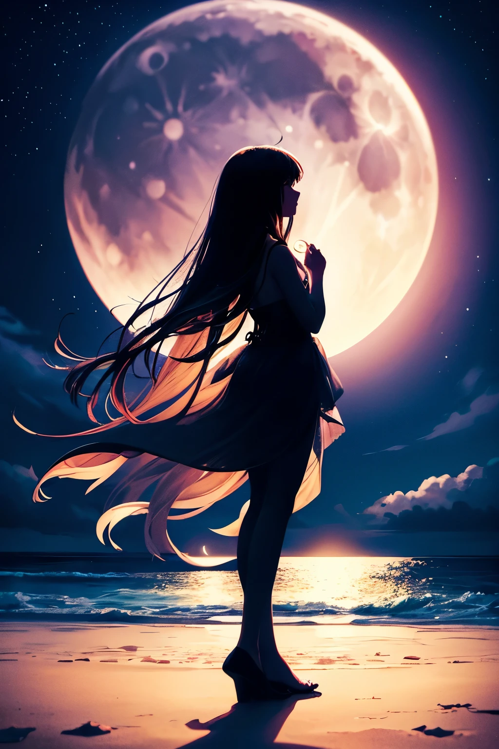 Silhouette art, ((moonlit tropical beach background:1.2)), (fantastic night sky), silhouette of a girl with long hair looking at the night sky, The starry sky shines through the silhouette of her long hair, masutepiece,Best Quality,