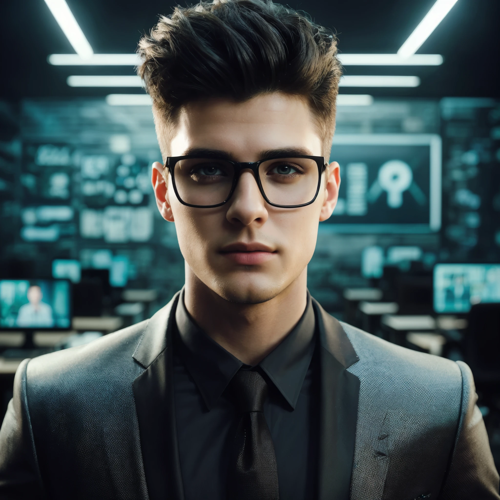 A photorealistic handsome 23-year-old man with extraordinary appearance, trendy short black hair, wearing a luxurious business suit, professional makeup, well-highlighted face, resembling a Hollywood actress, hacker office room background with strange lighting, resembles photo Sony 7000D, dramatic lighting, high definition, depth of field