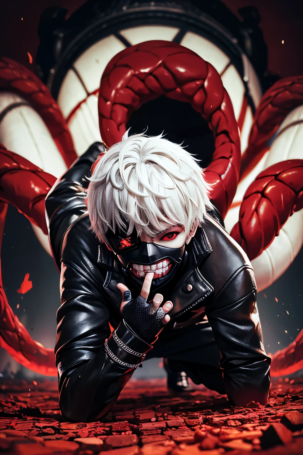 8k, 3D anime, portrait, best quality, ultra high res, ultra detailed, high contrast color tone, extremely detailed lighting, soft lights, (masterpiece, high quality:1.4), (kaneki ken, white hair, red and black eye, mask | teeth, blood eyes, black jacket, scorpio tentacles), blood, ((full body)), (dynamic pose), ruined city background, thrilling, (fierce face), detailed skin tone.