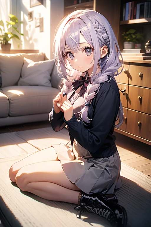 In 8K、highest quality、masterpiece、Ultra-detailed、Ultra-high resolution、((1 person))、With a girl、uniform、Braided hair、Light purple hair、long hair、compensate、Checked mini skirt、Home、Sitting on the floor、