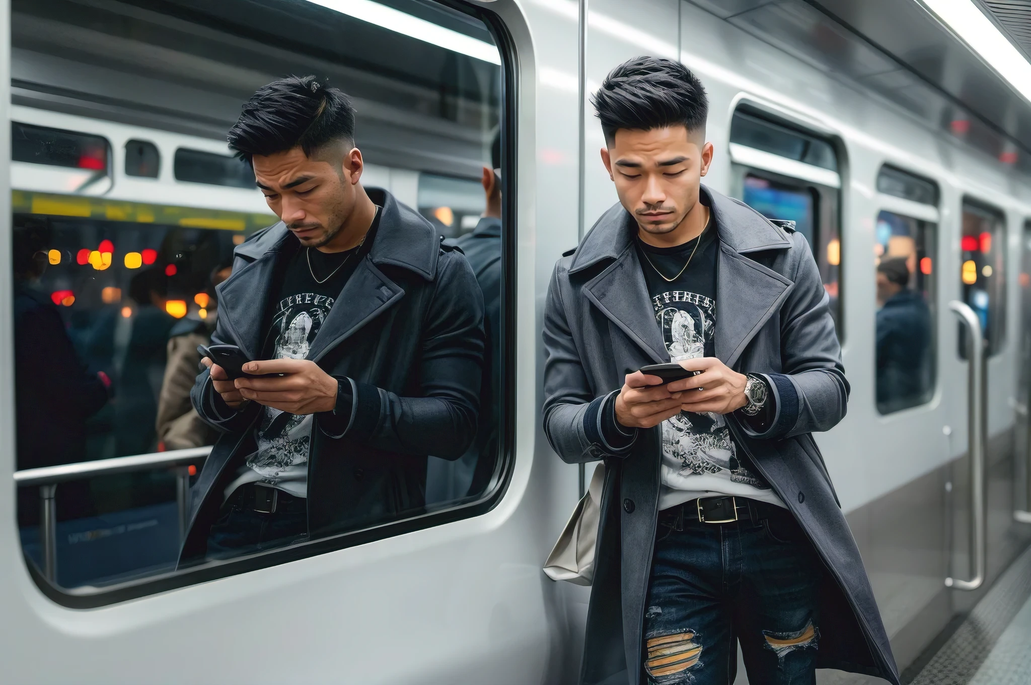 A stunning, ultra-detailed photo of a trendy Asian young man browsing his phone on a modern, clean train. He is dressed in a fashionable outfit that includes a stylish coat, graphic tee, and ripped jeans. His reflection is seen in the train window, giving the image a sense of depth. The background reveals the bustling, urban environment outside the train, with people and lights creating a dynamic cityscape., photo