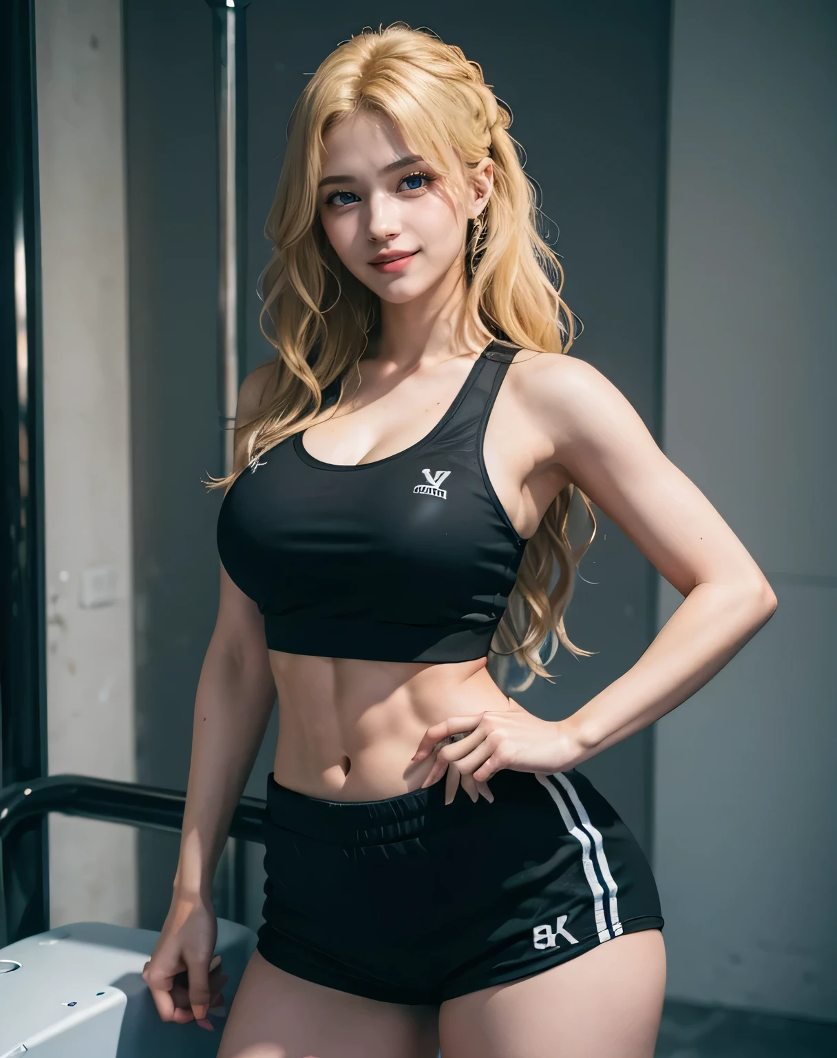 1girl, (Blue Eyes), (smiling :1.2), (Sana Minatozaki), wide hips, Big tits, big ass, (Best Quality, 8k, Masterpiece: 1.3), Clear Focus: 1.2, Perfect Body Beauty: 1.4, (strong abs :1.4), (abs :1.2), Highly detailed face and skin texture, detailed eyes, double eyelids, (blonde long wavy hair :1.2), (black sport tanktop :1.2), (black sport shorts :1.2), standing, dynamic pose, in a gym