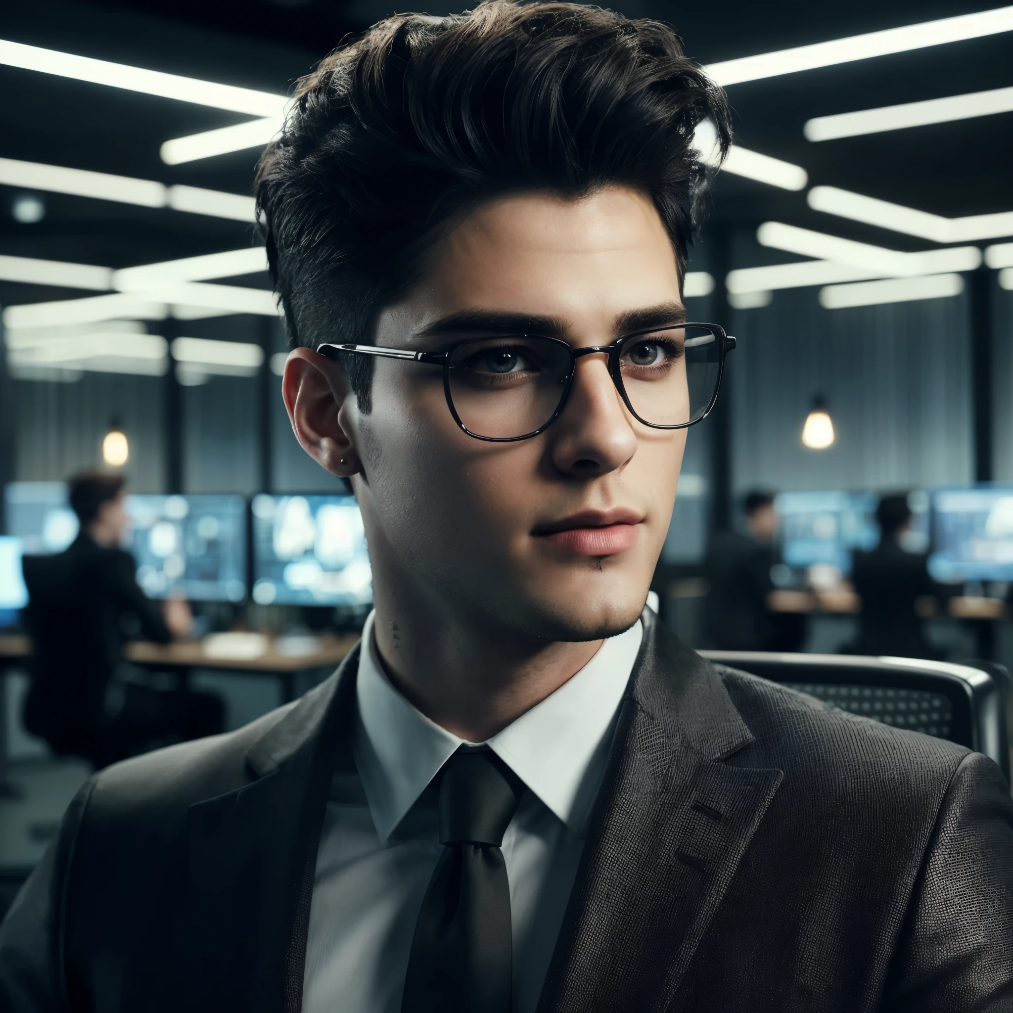 A photorealistic handsome 23-year-old man with extraordinary appearance, trendy short black hair, wearing a luxurious business suit, professional makeup, well-highlighted face, resembling a Hollywood actress, hacker office room background with strange lighting, resembles photo Sony 7000D, dramatic lighting, high definition, depth of field