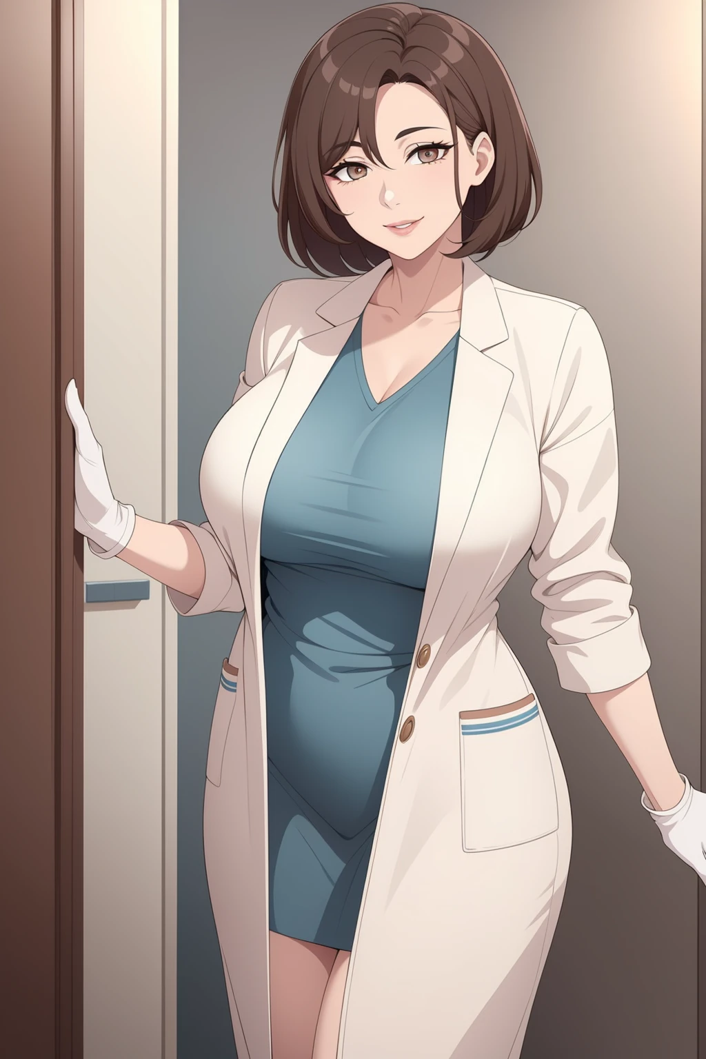 best quality, glossy, 4k, ((artwork)), extremely detailed, 8k, mature woman, milf, short brown hair, doctor's jacket, surgical gloves, no background, large breasts, full lips, smile, standing, beautiful eyes