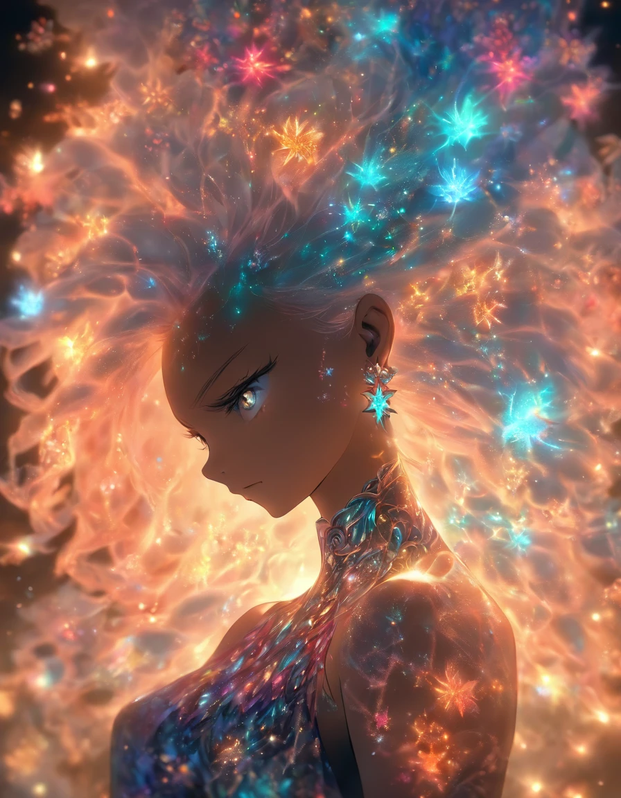 1 girl,One,dress,long hair, White hair,light particles,shine,Backlight,Black background,Whole body,bare shoulders, black skin, Red eyes,very long hair,standing,masterpiece,Best quality,ultra high resolution,(I look at the viewer:1.5),(fractal art:1.2),.masterpiece, top quality, Best quality, official art, beautiful and aesthetically pleasing:1.2), (1 girl, mature:1.3, got old:1.3), Extremely detailed,(fractal art:1.1),(colorful:1.4)(flowers:1.3),The most detailed,(zentangle:1.2), (dynamic pose), (abstract background:1.3), (shiny skin), (many colors:1.4),(earrings:1.4), Long hair