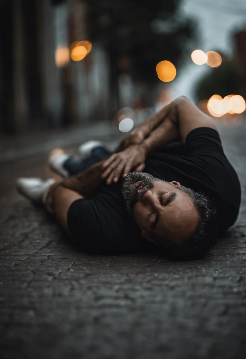 man lying on the asphalt on the side of the road, dark tight jeans lowered to the knees, white slip underpants, tight shirt, low light night, evening, darkness, night