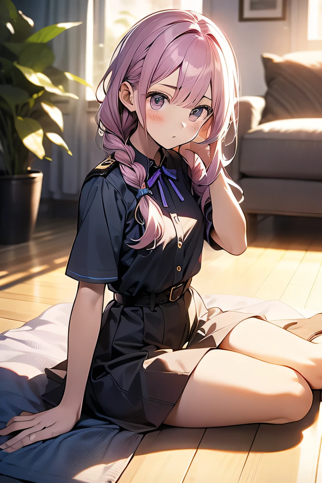 In 8K、highest quality、masterpiece、Ultra-detailed、Ultra-high resolution、((1 person))、With a girl、uniform、Braided hair、Light purple hair、long hair、compensate、Checked mini skirt、Home、Sitting on the floor、