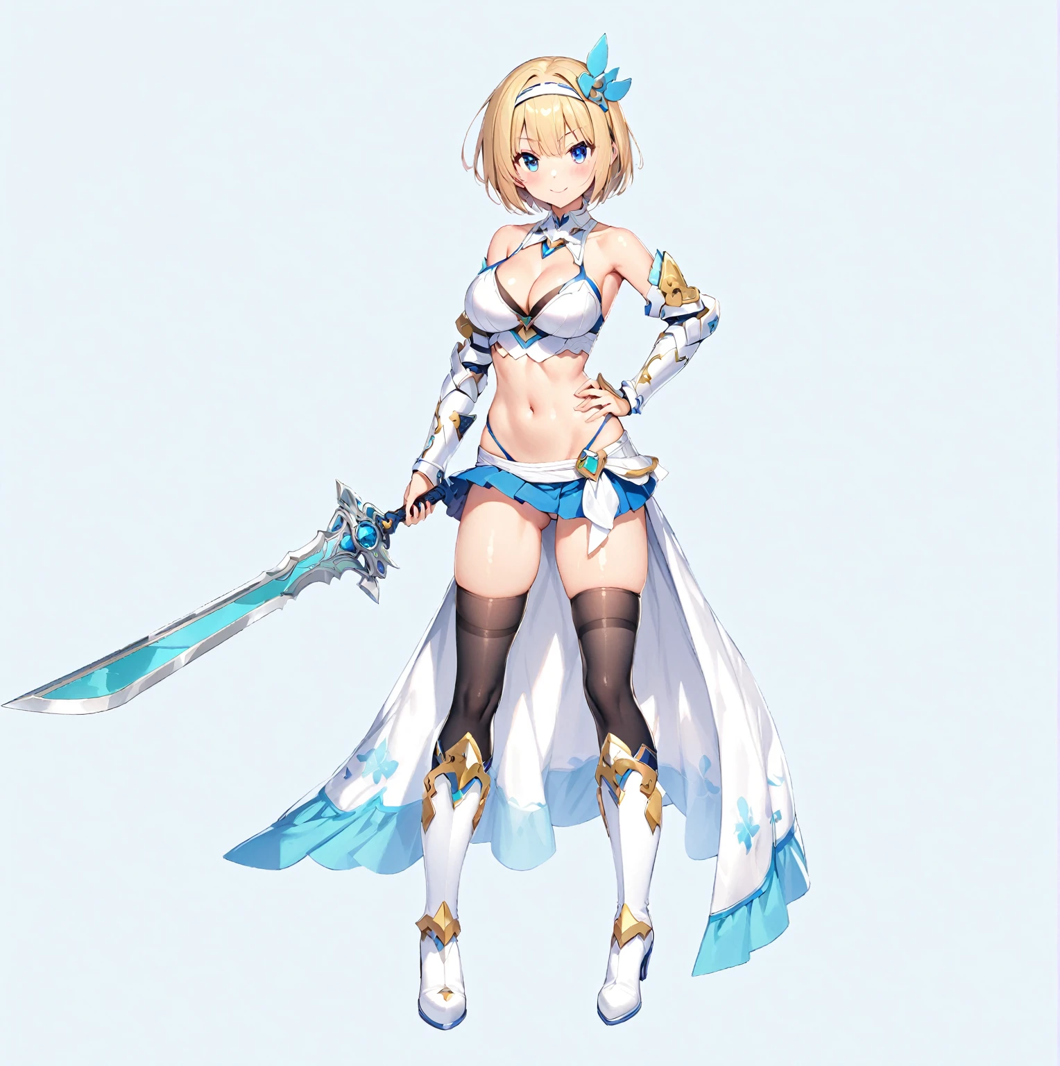 (masutepiece, Best Quality), 1girl, solo, weapon, breasts, blonde-hair, navel, sword, hand-on-hip, thighhighs, full-body, blue-eyes, short-hair, skirt, holding-weapon, smile, black-thighhighs, cleavage, holding, looking-at-viewer, large-breasts, holding-sword, hairband, white-footwear, boots, midriff, bare-shoulders, standing, ass-visible-through-thighs, blue, skirt, detached-sleeves, pleated-skirt, knee-boots, hair-ornament, detached-collar, blush, miniskirt, bangs, shiny-skin, highleg, gem, swimsuit, simple-background, shiny, bikini, closed-mouth, armor, crop-top, stomach
