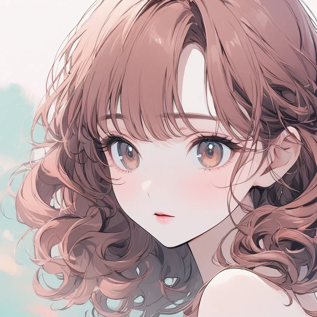 Girl, auburn hair, brown eyes, dainty, delicate, slim, beautiful, strapless mint dress, pastel colors, face close-up, flat, pure, refined, curly hair