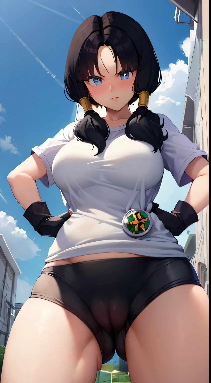 Videl's breasts measure 106 cm, masterpiece, best quality, highres, videl2, solo, blue eyes, black hair, twintails, black gloves, bike_shorts, bangs, white shirt, badge, cowboy shot, frown, hand on hip, leaning forward, pointing at viewer, Big Breasts , opening your legs, Nsfw , Focus crotch, detailed and sexy crotch , vulva Nsfw , Swollen vulva, big and voluptuous crotch vulva , Super tight shorts that highlight the vulva , POV 