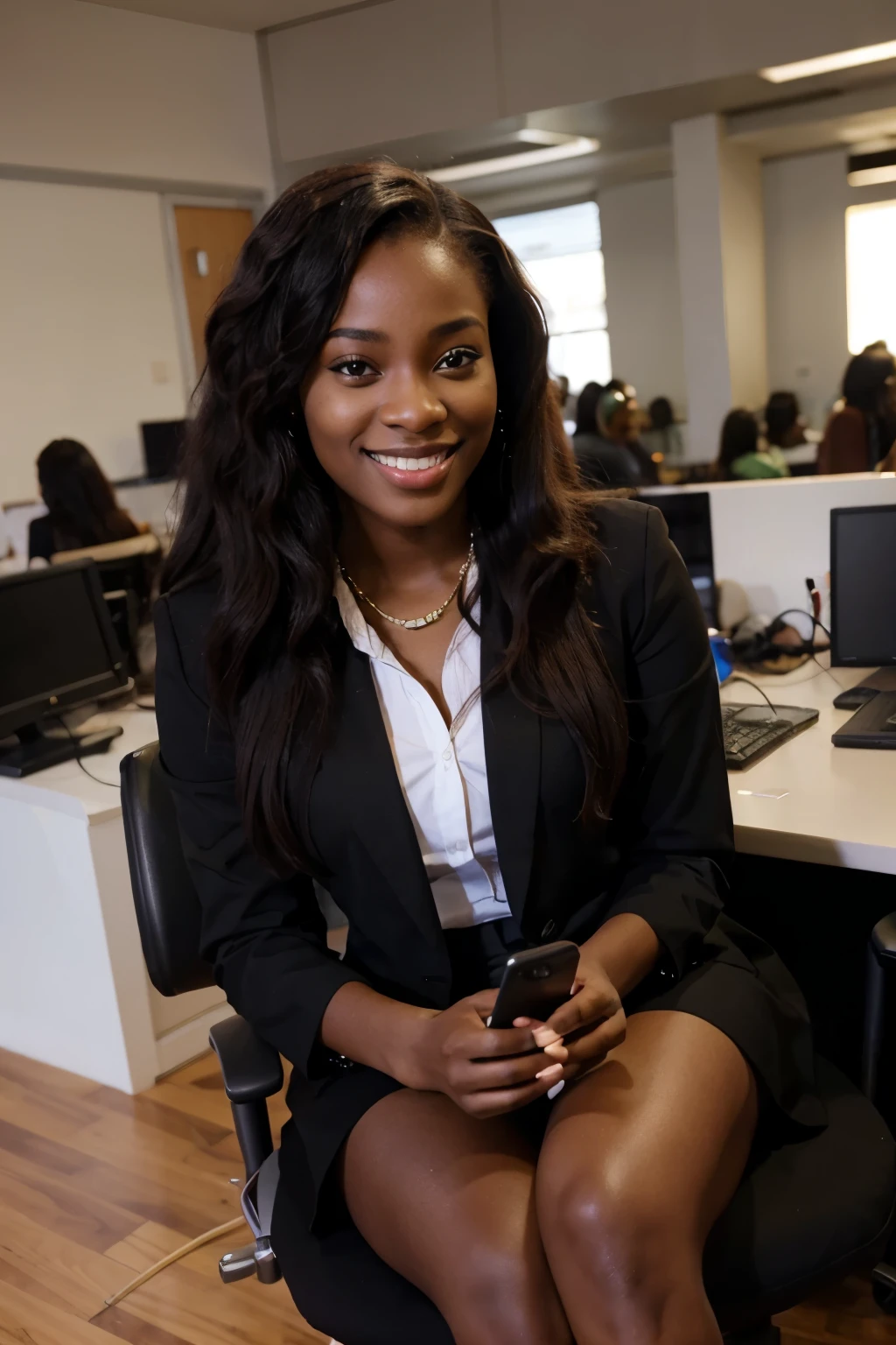beautiful black nigerian woman, 25 years old, realistic, virgin 4C hair, browns eyes, dressed as a hot tech professional, very pretty, smiling as she works on a phone, cannabis leaves as she works for a cannabis company