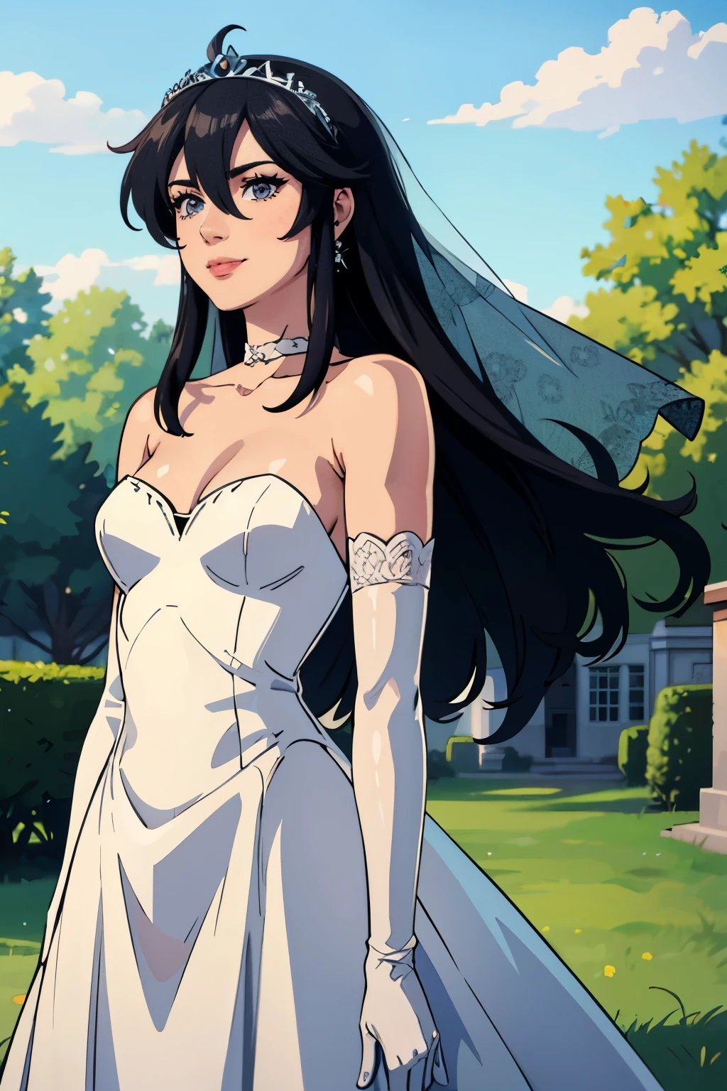 Ayra fe,  hair between eyes, ahoge, black hair, star \(symbol\), hair ornament, ruffled tulle dress, cleavage, bare shoulders, collarbone, long white elbow gloves, white gloves, white dress, white choker, strapless, tiara, veil, strapless dress, wedding dress, bridal veil, beautiful woman, perfect body, perfect breasts, wearing a wedding dress, ball gown, in the park trees, wedding decorations, a warm smile, realism, masterpiece, textured skin, super detail, high detail, high quality, best quality, 1080p, 16k