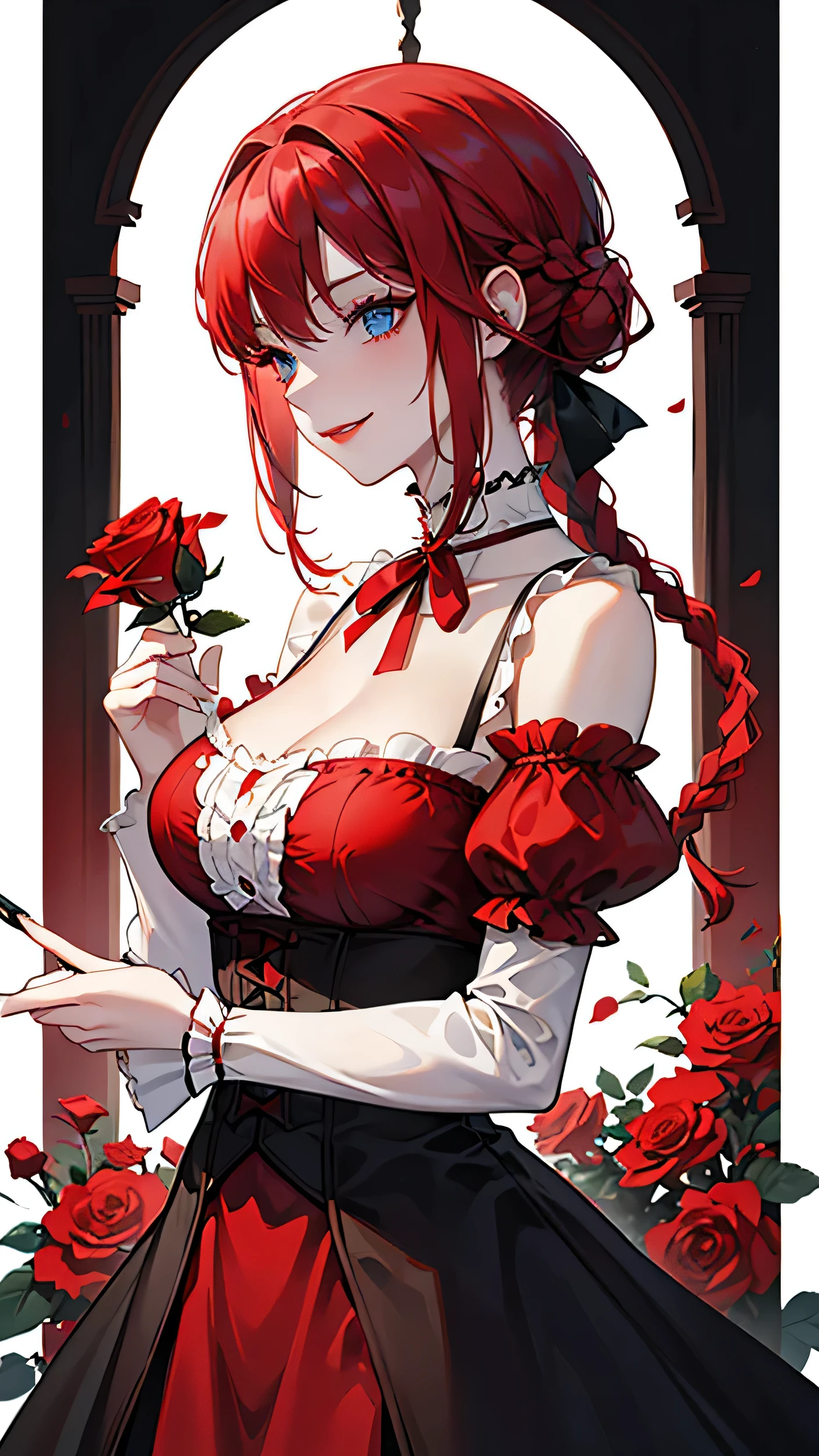 masterpiece、high-quality、top-quality、Beautiful face、expressive eyes、hard disk、Perfect lighting、A detailed face、Detailed body、mature female、mature lady、solo、(A red-haired)、braided ponytail、swept bangs、 blue eyes、red lipstick、((gothic-victorian dress))、bare shoulders、vampire、sexy pose、Sexy face、professional model、big breasts、confident face、smirk、white plain background、red roses、victorian era、monochrome 、focus red colors、