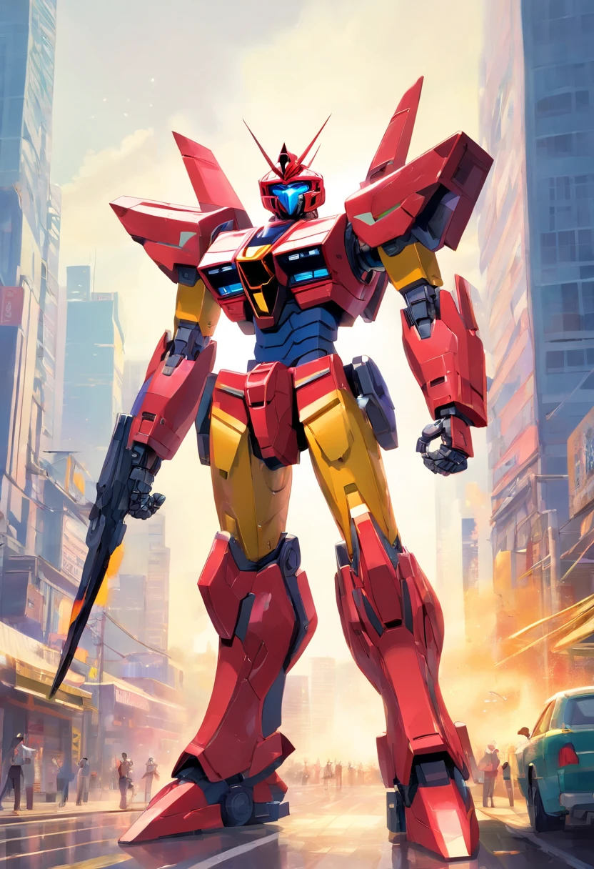 1 robô parecido com Megazord do Power Rangers,misturado com Transformers, com desenho estilo anime, this robot is very armed , in his hands he either has weapons or a sword or a shield, they are standing facing straight ahead