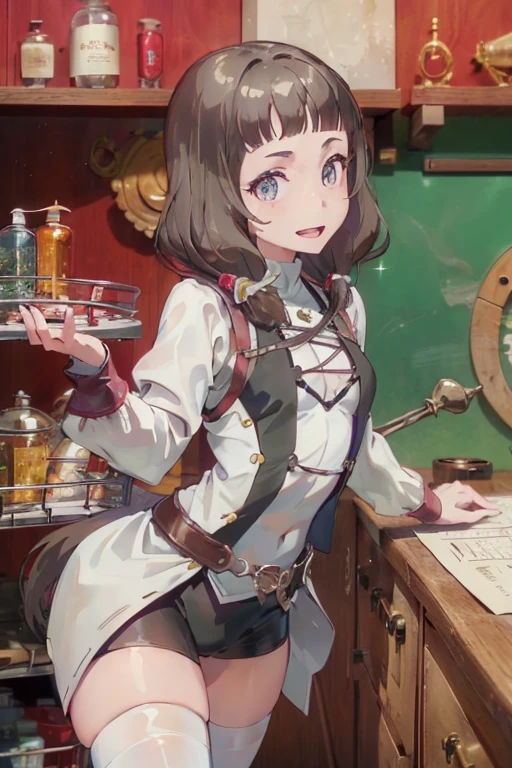 (fantasy:1.5),(anime,8k,masterpiece, top quality, best quality,beautiful and aesthetic:1.2,professional illustrasion:1.1,ultra detail:1.3,perfect lighting),extremely detailed,highest detailed,incredibly absurdres , highres, ultra detailed,intricate:1.6,(Alchemy Workshop:1.4),A girl mixing,Medicine in many small bottles,holding small potion,colorful:1.4,zentangle,(1girl),(girl),(Three kingdoms female warload),(highly detailed beautiful face and eyes,firm breasts),oily skin,((black,hair,short bob with short pony tail hair)),thin pubic hair,cute,lovely,34 years old,alchemist costume,Merchant's Clothing,smile,in the kitchen,smile,seductive weak smiling,(with sparkling eyes and a contagious smile),open mouth, Looking at Viewer,
