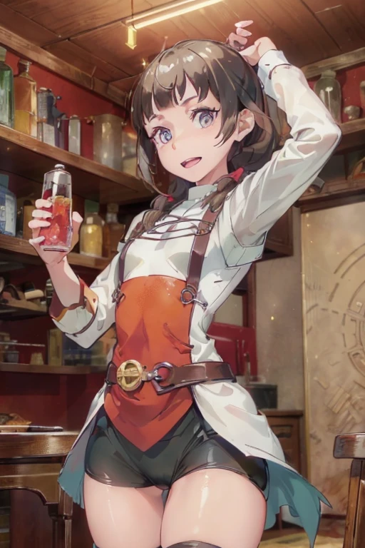 (fantasy:1.5),(anime,8k,masterpiece, top quality, best quality,beautiful and aesthetic:1.2,professional illustrasion:1.1,ultra detail:1.3,perfect lighting),extremely detailed,highest detailed,incredibly absurdres , highres, ultra detailed,intricate:1.6,(Alchemy Workshop:1.4),A girl mixing,Medicine in many small bottles,holding small potion,colorful:1.4,zentangle,(1girl),(girl),(Three kingdoms female warload),(highly detailed beautiful face and eyes,firm breasts),oily skin,((black,hair,short bob with short pony tail hair)),thin pubic hair,cute,lovely,34 years old,alchemist costume,Merchant's Clothing,smile,in the kitchen,smile,seductive weak smiling,(with sparkling eyes and a contagious smile),open mouth, Looking at Viewer,