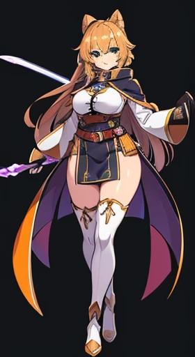 (((Best Quality))) , ((full body)), female, reference sheet, solo, (white background), holding staff or sword, gauntlets, thigh high, loin cloth only, cloak, belt, long hair,  blue, orange, green, violet, brown, white,