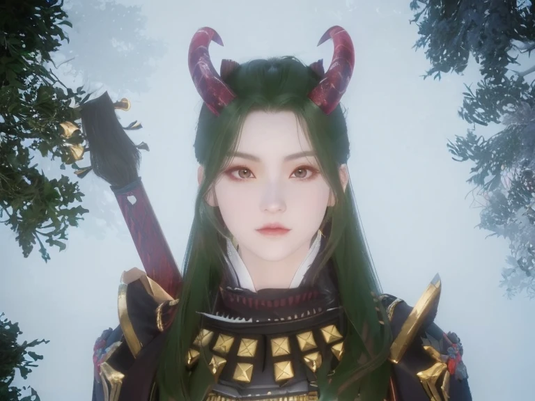 a close up of a person with horns and a sword, katana zero video game character, with horns, onmyoji portrait, with very highly detailed face, close up character, 8 k character details, character close up, hyperdetailed fantasy character, japanese goddess, white horns queen demon, female samurai, unreal engine render + a goddess, female character