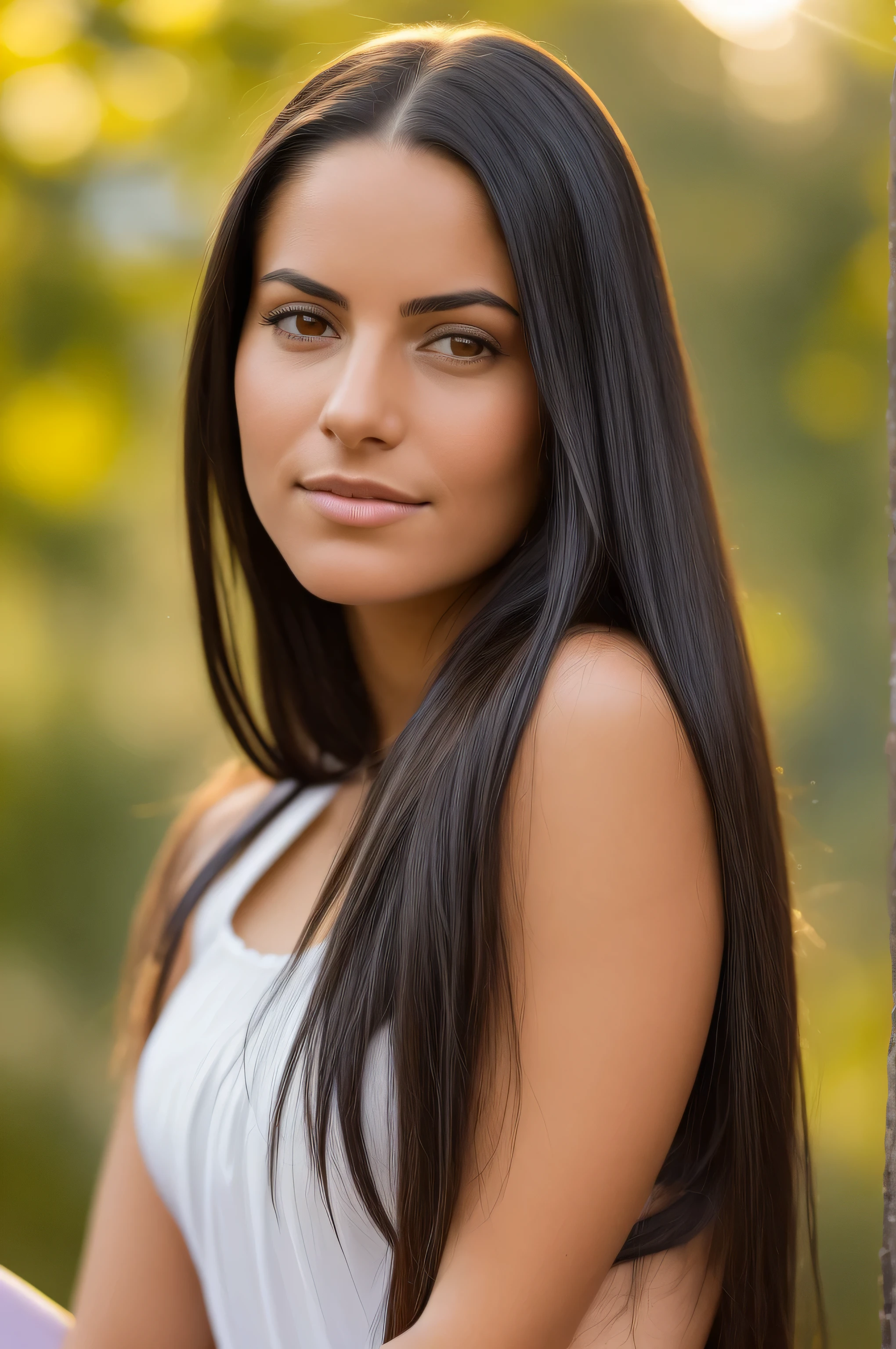 A photorealistic portrait of a 21-year-old espagnol girl with long, flowing dark hair and striking dark eyes. She is playing tennis. She should have a natural, approachable expression and be illuminated by soft, golden-hour sunlight. The background should be a scenic outdoor setting, perhaps a sunlit park or beach. Capture this image with a high-resolution photograph using an 85mm lens for a flattering perspective.