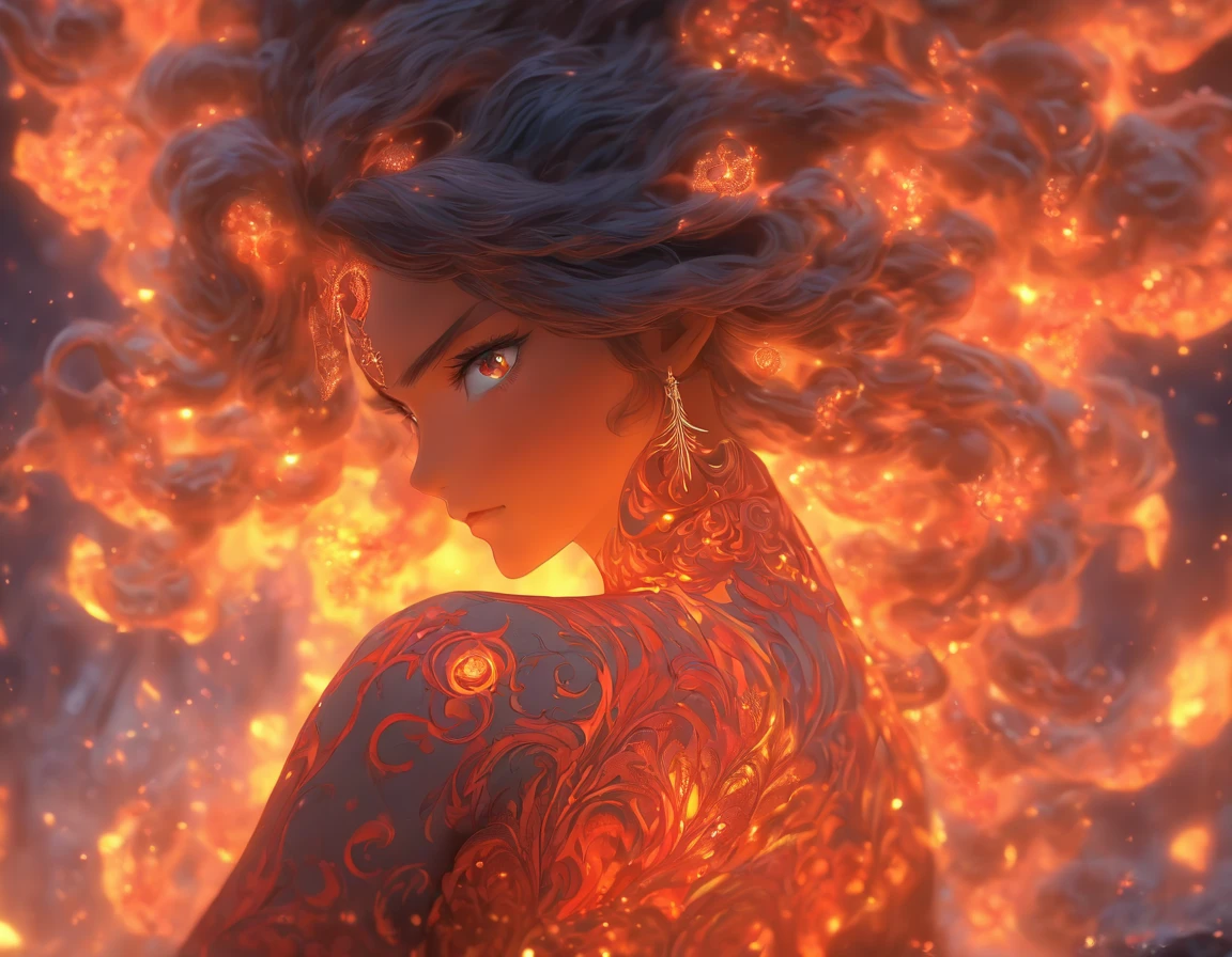 Lava goddess woman, in a fiery dress, haired lava, mystical eyes, Essential lighting, detailed lace patterns, graceful pose, intricate lava and ash motifs, delicate silk fabric, mysterious atmosphere, volcano atmosphere,(I look at the viewer:1.5),(fractal art:1.2),.masterpiece, top quality, Best quality, official art, beautiful and aesthetically pleasing:1.2), (1 girl, mature:1.3, got old:1.3), Extremely detailed,(fractal art:1.1),(colorful:1.4)(flowers:1.3),The most detailed,(zentangle:1.2), (dynamic pose), (abstract background:1.3), (shiny skin), (many colors:1.4),(earrings:1.4), Long hair