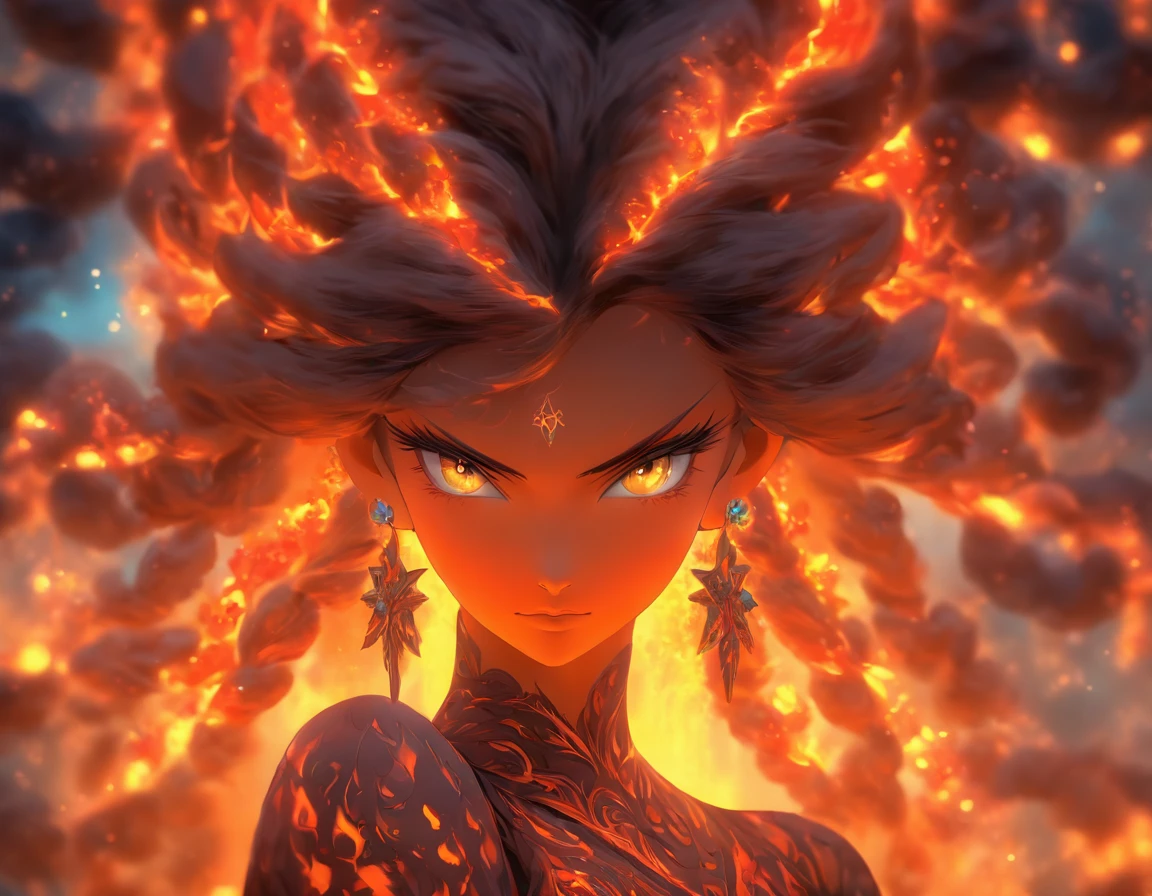 Lava goddess woman, in a fiery dress, haired lava, mystical eyes, Essential lighting, detailed lace patterns, graceful pose, intricate lava and ash motifs, delicate silk fabric, mysterious atmosphere, volcano atmosphere,(I look at the viewer:1.5),(fractal art:1.2),.masterpiece, top quality, Best quality, official art, beautiful and aesthetically pleasing:1.2), (1 girl, mature:1.3, got old:1.3), Extremely detailed,(fractal art:1.1),(colorful:1.4)(flowers:1.3),The most detailed,(zentangle:1.2), (dynamic pose), (abstract background:1.3), (shiny skin), (many colors:1.4),(earrings:1.4), Long hair