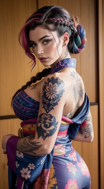 DEUX magnifique femmes Cindy pradot, with a fully tattooed body with very colorful patterns((she is dressed in a traditional kimono ))((her hair is styled with a long braided braid))((entire body tattooed with intense color patterns))bare shoulders