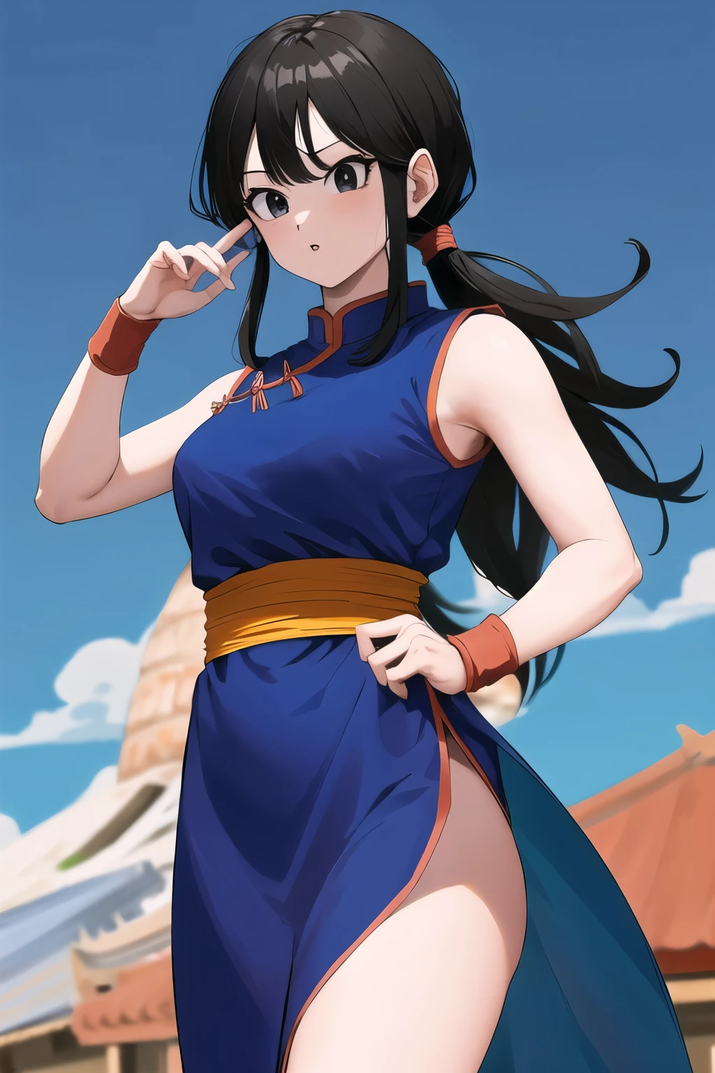  Masterpiece, best quality, high resolution, dragon ball, bbchichi, (loose hair low:1.1), black eyes, Chinese clothing, blue dress, sleeveless, wristband, sash, looking at viewer, cowboy shot, standing, outdoor.