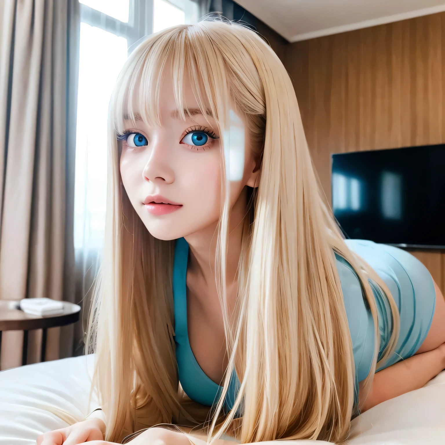 A very white and beautiful 20 year old blonde girl、masterpiece, highest quality, figure, Ultra-fine detail, Natural platinum blonde with a natural shine、Super long straight silky hair、Super long Rapunzel hair、Hair tangled all over the body、Messy bangs on the eyes,、Face-covering bangs、bangs、High resolution, 8K TV Wallpaper, Perfect dynamic composition, Beautifully detailed large light blue eyes , Very big eyes、of hotel(bed)、Small Face Beauty、Round face、On all fours、double eyelid