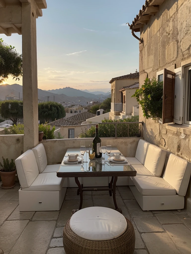 Vintage, mustang, luxe, terasse, Grèce, blanc, sunset, repas, solo