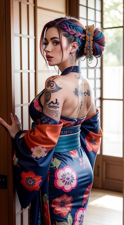 DEUX magnifique femmes Cindy pradot, with a fully tattooed body with very colorful patterns((she is dressed in a traditional kimono ))((her hair is styled with a long braided braid))((entire body tattooed with intense color patterns))bare shoulders