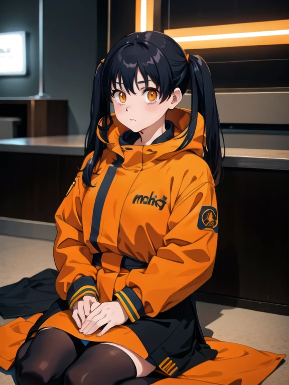 1 chica, solo, Tamaki Kotatsu, dos colas, pelo negro, pelo largo, golpes, rubor, ojos naranjas, sudadera con capucha naranja, chaqueta naranja, camisa naranja, orange sweater, arreglar, (Obra maestra:1.2), high resolution, mejor calidad, 8k, muy claro,