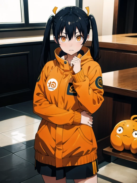 1 chica, solo, Tamaki Kotatsu, dos colas, pelo negro, pelo largo, golpes, rubor, ojos naranjas, sudadera con capucha naranja, chaqueta naranja, camisa naranja, orange sweater, arreglar, (Obra maestra:1.2), high resolution, mejor calidad, 8k, muy claro,