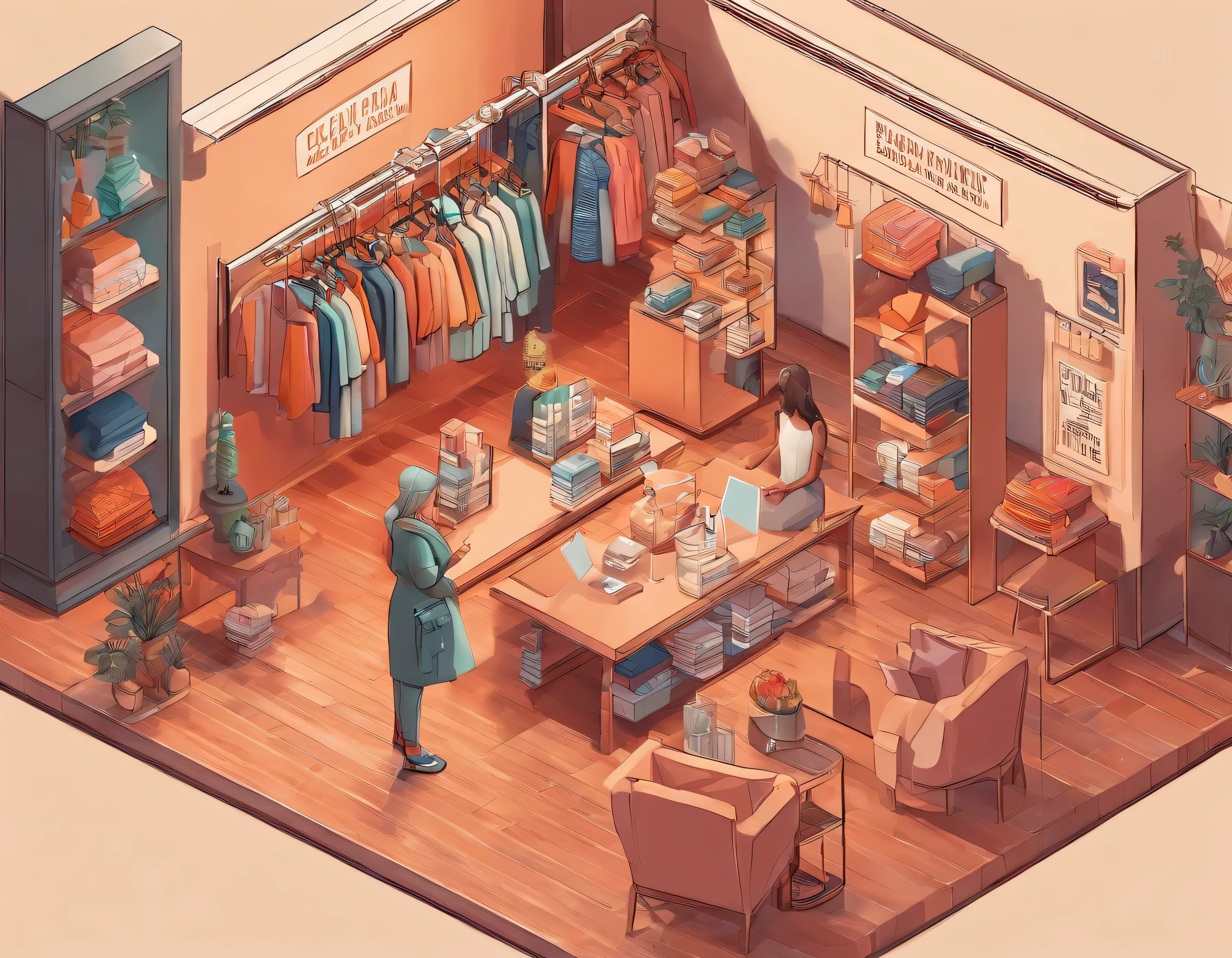 A cozy setting with visual communication for a clothing store event for cool women