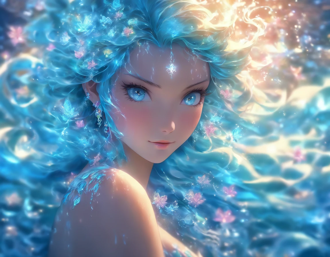 Water fairy woman, in a dress made of water, blue hair, blue eyes, Essential lighting, detailed lace patterns, graceful pose, intricate water motifs, delicate silk fabric, mysterious atmosphere, water atmosphere.(I look at the viewer:1.5),(fractal art:1.2),.masterpiece, top quality, Best quality, official art, beautiful and aesthetically pleasing:1.2), (1 girl, mature:1.3, got old:1.3), Extremely detailed,(fractal art:1.1),(colorful:1.4)(flowers:1.3),The most detailed,(zentangle:1.2), (dynamic pose), (abstract background:1.3), (shiny skin), (many colors:1.4),(earrings:1.4), Long hair